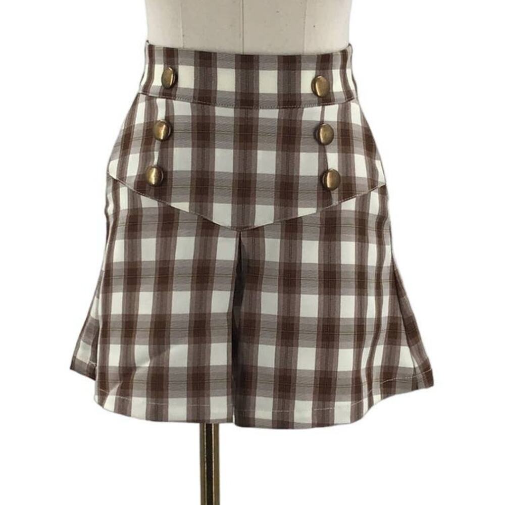 UNIQUE VINTAGE SZ M brown plaid high waist retro style skort short NWT B88 - Picture 3 of 10